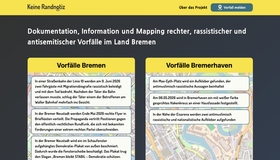 Screenshot der Seite keine-randnotiz.de. Mit folgendem Text: Dokumentation, Information und Mapping rechter, rassistischer und antisemitischer Vorfälle im Land Bremen. Zu sehen sind zwei Infokästen, einer für Vorfälle in Bremen, der andere für Vorfälle in Bremerhaven.