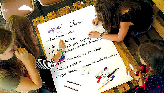 Blick von oben auf einen rustikalen Tisch, auf dem ein großes Plakat mit vielen Stiften liegt. Vier Kinder arbeiten gerade an diesem Plakat. Sie haben schon folgendes geschrieben: Ideen: Eine Statue aus Holz. Weitere Einhorn Bilder an den Wänden. Einhornrutsche. Spielcontainer bemalen mit Emoji-Einhörnern. Weitere Dinge stehen auf dem Plakat, sind aber von den Händen der Kindern verdeckt. Auf das Plakat haben sie auch ein Einhorn gemalt.