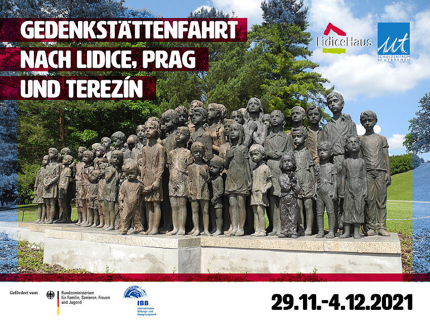 Fotografie der Bronzestatue der Kinder von Lidice der Bildhauerin Marie Uchytilová. Das Mahnmal für die Kinder von Lidice besteht aus 82 überlebensgroßen Bronzestatuen, die die Kinder aus dem zerstörten Dorf darstellen. Text: gedenkstättenfahrt nach Lidice, Prag und Terezin. 29.11. bis 4.12.2021. Logos des LidiceHauses, des Schulzentrum Utbremen ,des Bundesfamilienministeriumsund des IBB.